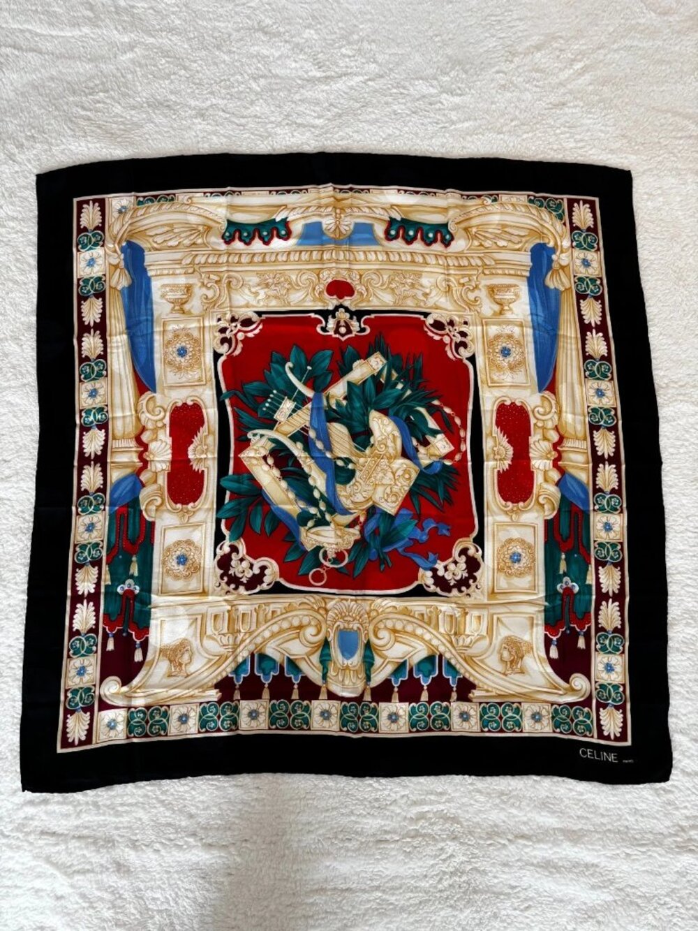 Celine Vintage Black Silk Scarf Ancient Theater Lyre Pattern Large Square